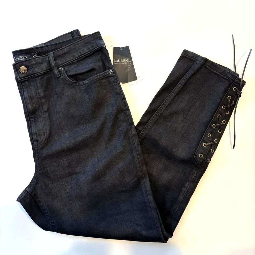 Lauren Ralph Lauren High Rise Skinny Ankle Super Stretch Black Jeans Sz 14 $165